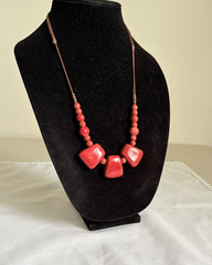 Hand Made Brick Red Ceramic Bead Brown Silk Cord Necklace