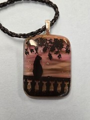 Art Glass Black Cat Pendant Necklace Contemporary Artisan Maroon With Silhouette