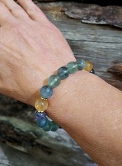 Green Fluorite Crystal Bracelet With Yellow & Purple Stretch Gem Beads 6.75″
