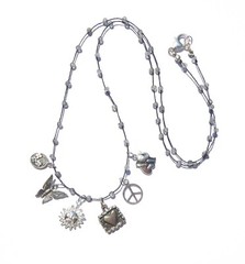 Hand Woven Black Cord with Blue Gray Labradorite Beads, Sterling Silver Charms