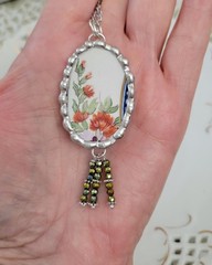 Broken China Orange Botanical Flowers Soldered Pendant Necklace
