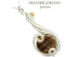 Handcrafted Tiger Eye Necklace: Sterling Silver Wire Wrap w Swarovski Crystal