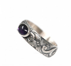 Oval Amethyst Ring Flower Wave Pattern 925 Sterling Silver E-W
