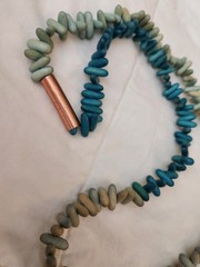 Handcrafted Blue and Beige Wood Beaded Necklace with Copper Barrel Accent
