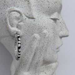 Lauren G Adams Large Enamel Hoop Earrings Black CZ’s Silver Tone Metal Pierced
