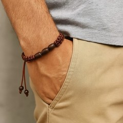 🤎 Handmade Unisex Bracelet – Dark Brown Wood Beads on Chocolate Satin Cord