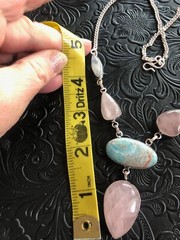 Pink Rose Quartz, Blue Larimar, Moonstone Dangle Artisan Necklace 19″