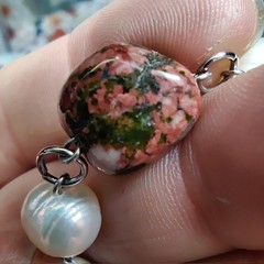Handcrafted Natural Unakite Jasper & Pearl Bracelet & Earrings Set