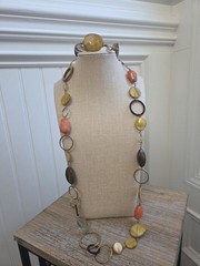 Mother Of Pearl Shell Glass Necklace 30″ w/ Bourbon & Boweties Stone Bracelet
