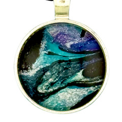 Pendant Necklace Handmade «Frosty Mountain River» Silver Bezel 25mm Black Cord