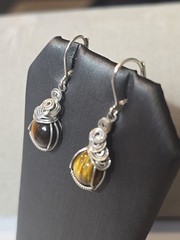 Tiger Eye Sterling Silver Wire Wrapped Earrings Handmade Leverback Brown OOAK 2