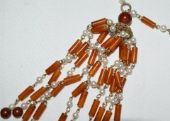 Orange, Red, and Imitation Pearl Bead Necklace, 28 in with 5 1/2 in tassel drop