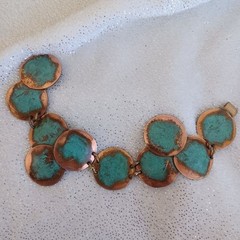 Bracelet Statement Oxidized Copper Turquoise Tone Coin Faux Bold 9″ Boho Western