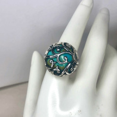 BARSE Turquoise Cabochon Sterling Silver Scroll Cage Ring Sz 7-1/2 VINTAGE