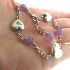 Amethyst Bead Heart Bracelet Silver Plated Artisan 10mm 7.5-8.5