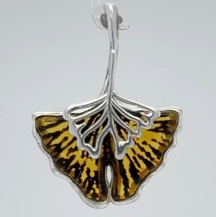 Black & Yellow BALTIC AMBER Ginko Pendant 925 STERLING SILVER Necklace #2179e