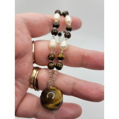 Vintage Tiger’s Eye Freshwater Pearl Necklace Sphere Ball Seed Beads Y Pendant
