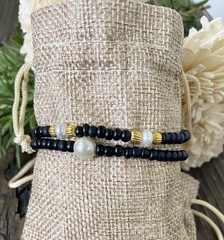 2 Piece, Pearl Bracelet Set, Matte Black & White with Gold Closure