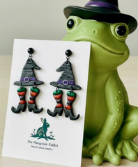 Black Witch Hat & Legs Striped Handmade Polymer Clay Dangle Halloween Earrings