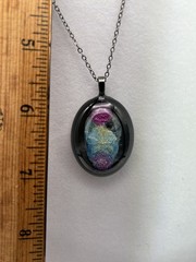 Custom jewel pendant w/ purple & blue on black darken, silver chain costume