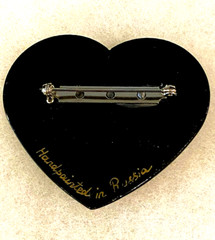 Russian Lacquer Heart Pin with Pink and Yellow Roses – 2 Inches Long NOS