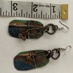 Handmade Drop Earrings Copper Fold Formed Hammered Fired Hearts Rustic Patina