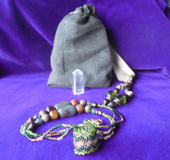 Quartz Crystal Point Beaded Necklace w/ Bloodstone Tigers Eye Unakite Moss Agate