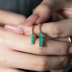 Colombian Raw Emerald Diamond Drop Earrings in 14K Yellow Gold