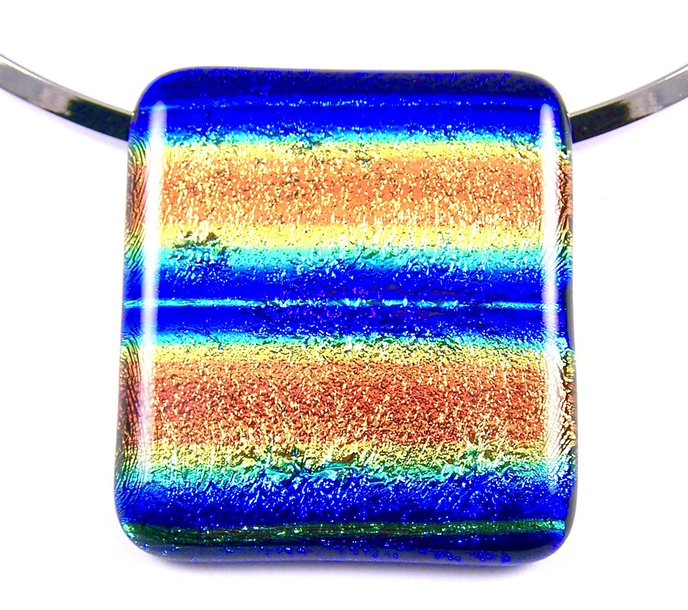 Large DICHROIC Glass PENDANT + Pin 45mm Orange Blue Gold Rainbow Striped Square