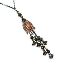 BOHO NECKLACE CZECH GLASS Cascading BLACK FLOWERS Pendant Beaded Tassel