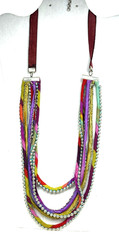 Rainbow Multi Strand Fabric and Silver Bead Necklace Artisan Made 27 + 29.5 Long