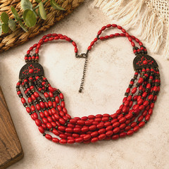Red Faux Coral Bead Bib Necklace Brass Tone Tribal Boho Layered 27 in adj.