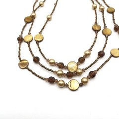 Golden Yellow Brown Mother of Pearl Seed Bead 3 Multi Strand Necklace 18″
