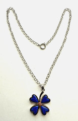 Rhodium Heart Shaped Lapis 4 Leaf Clover 1 1/2″ Pendant and 18″ Rolo Chain