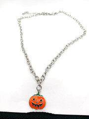 Jack O Lantern Halloween Silver Tone Pendant Necklace-21 Inches