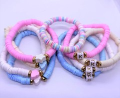 Pastel Dreams – Heishi Bracelet Set, Pink, Yellow, Blue and White 9 piece set