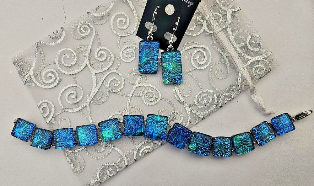 Handcrafted Fused Florentine Multicolor Dichroic Glass Bracelet /Bonus-Earrings