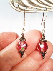 1 5/8″ Rose Lampwork 8mm Glass Bead and Bali Sterling Daisy Bead Hook Earrings