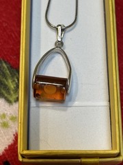 Vintage Sterling Silver Mex V-Shape Holder of Roller Shaped Amber Stone Necklace