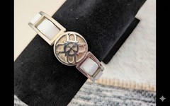 Modern Gold Tone Hinged Cuff White Faux Leather Ribbon Statement Bracelet