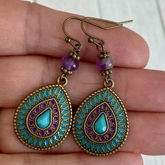 Min Favorit Colorful Enamel Pendant & Amethyst Brass Artisan Boho Earrings