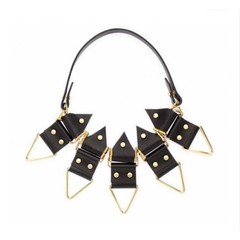 MOKHAM Leather statement Necklace rock Concert Gothic Black Gold Metal RARE Goth