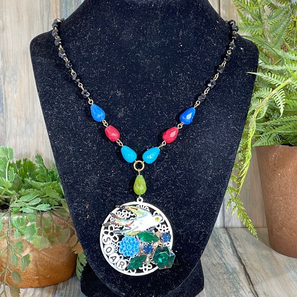 Adorned Crown Artisan assemblage necklace rosary stone soar enamel bird cluster
