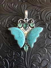 Artisan Blue Green Mosaic Garden Jasper Butterfly Hand Carved Pendant 2″