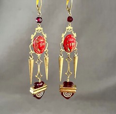 Handcrafted Egyptian Revival Earrings, Pharaoh, Tut, Czech Glass, Red, Gold