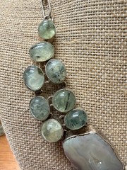 925 Silver Prehnite Agate Slice Bib Necklace Druzy Tourmaline Geode Boho Jewelry