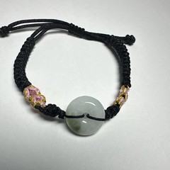 Handcrafted Adjustable Cord Bracelet Green Jade A Round Charm Beaded Pink Gold