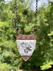 Glass Enameled Copper Reindeer Christmas necklace with Swarovski beads HANDMADE