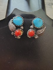 Vintage RB Sterling Turquoise Coral Artisan Stud Earrings Southwestern Signed