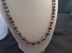 Handmade Indian Black Gray Labradorite & Red Jade Sterling Silver Necklace 21”